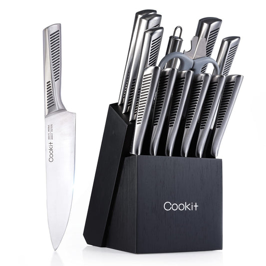 Knife Set, 15 Piece w Block, Chef Knives Non-Slip German Stainless Steel Hollow Handle Cutlery Multifunctional Scissors Sharpener