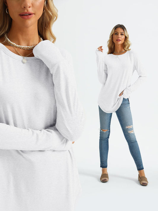AUTOMET Womens Long Sleeve Shirts Crew Neck Casual Tshirts Fall Fashion Tops Loose Fit Lightweight Y2k Outfits Clothes White S