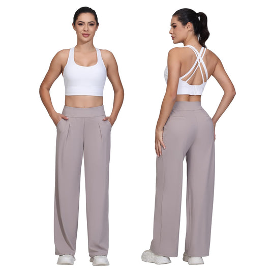 Flowy Wide Leg Dress Pants Women Work Workout Athletic Yoga Travel Sweatpants High Waisted with Pockets Trendy Comfy Stretchy Loose Office Business Casual Slacks Lounge Trousers Outfits 29" Khaki S