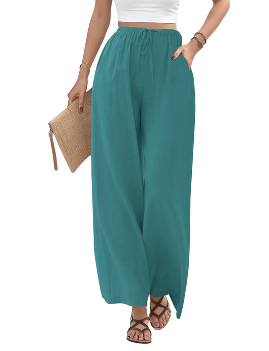 Buauty Wide Leg Linen Pants Women Plus Size Palazzo Pants High Waisted Lounge Pants Casual Comfy Flowy Beach Summer Trousers Lakeblue