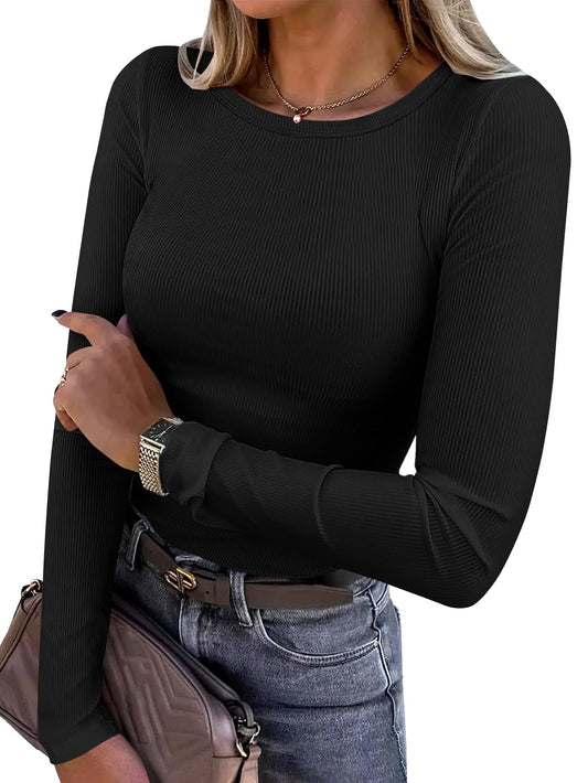 ANRABESS Women Long Sleeve Shirts Rib Knit Slim Fit Tops Basic Tee 2025 Fall Outfits Casual T-Shirt Underscrubs Layer Clothes Black Small