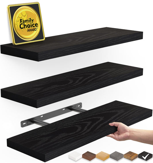 BAYKA Floating Shelves for Wall, Wall Mounted Rustic Wood Shelves for Bathroom, Bedroom, Living Room, Kitchen, Hanging Shelf for Books/Storage/Room Decor with 22lbs Capacity (Black, Set of 3, 15.7in)