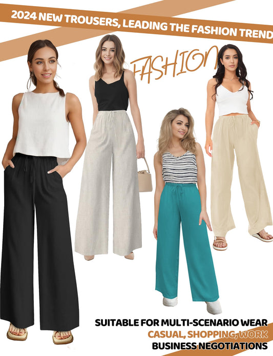 Buauty Wide Leg Linen Pants Women Plus Size Palazzo Pants High Waisted Lounge Pants Casual Comfy Flowy Beach Summer Trousers Lakeblue