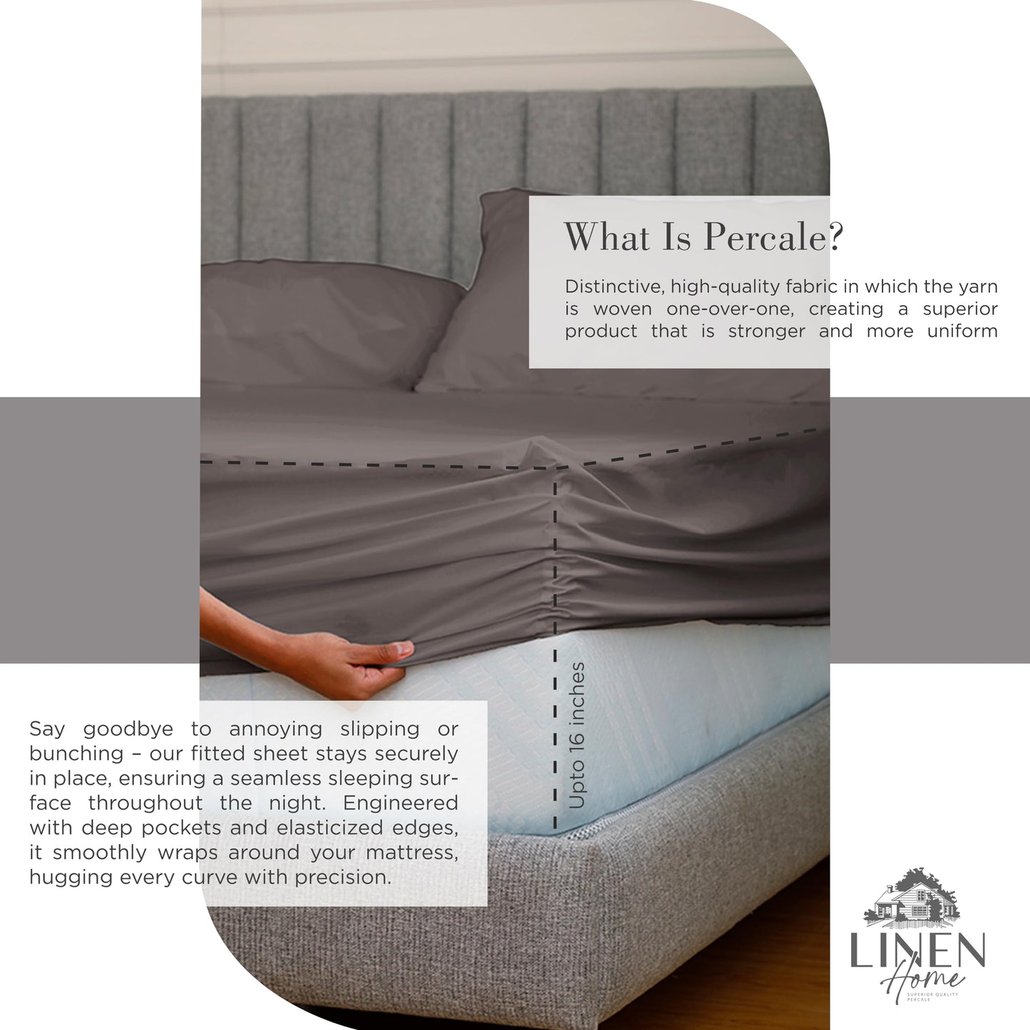 Linen Home 100% Cotton Percale Sheets King Size, Charcoal, Deep Pocket, 4 Pieces Set - 1 Flat, 1 Deep Pocket Fitted Sheet and 2 Pillowcases, Crisp Cool and Strong Bed Linen