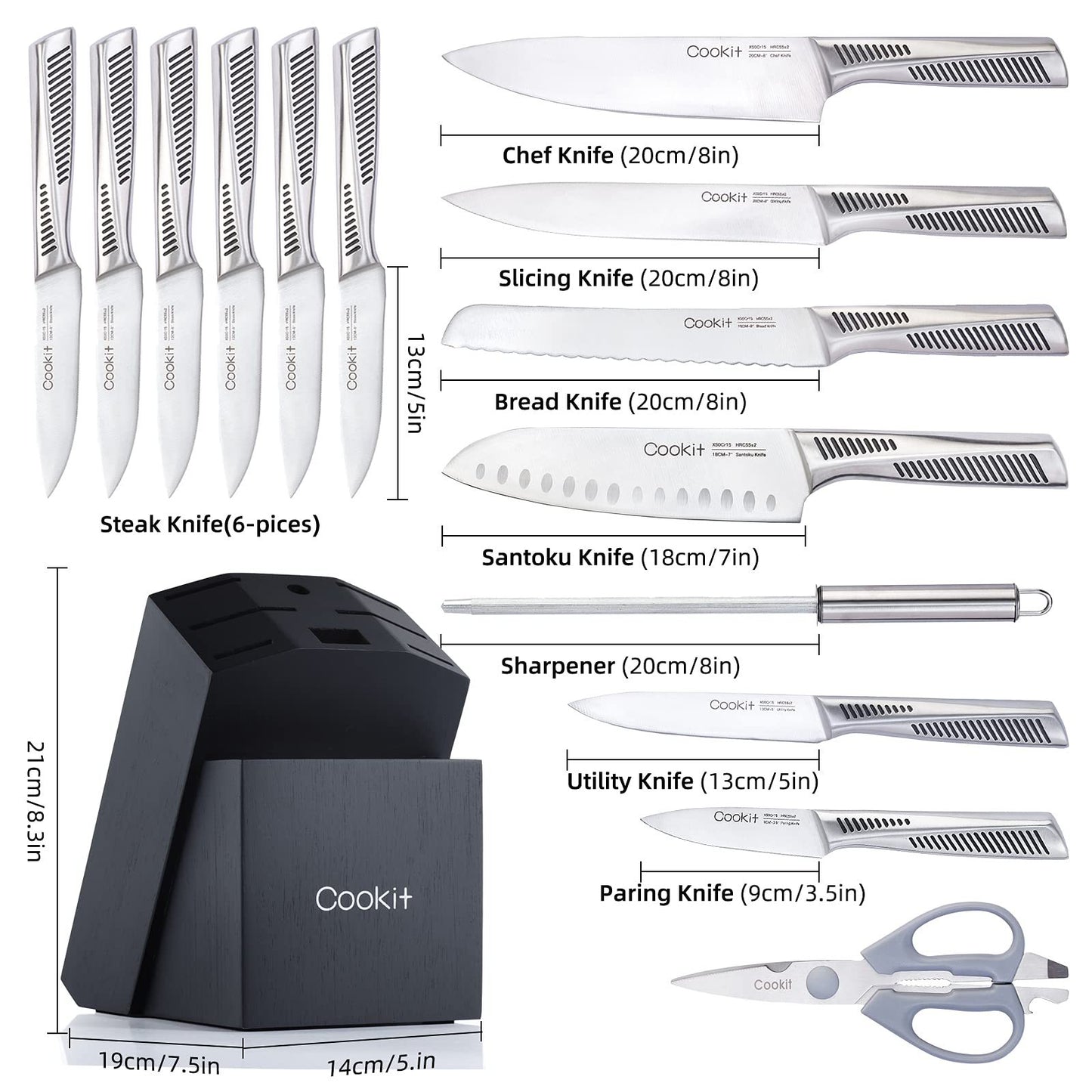 Knife Set, 15 Piece w Block, Chef Knives Non-Slip German Stainless Steel Hollow Handle Cutlery Multifunctional Scissors Sharpener