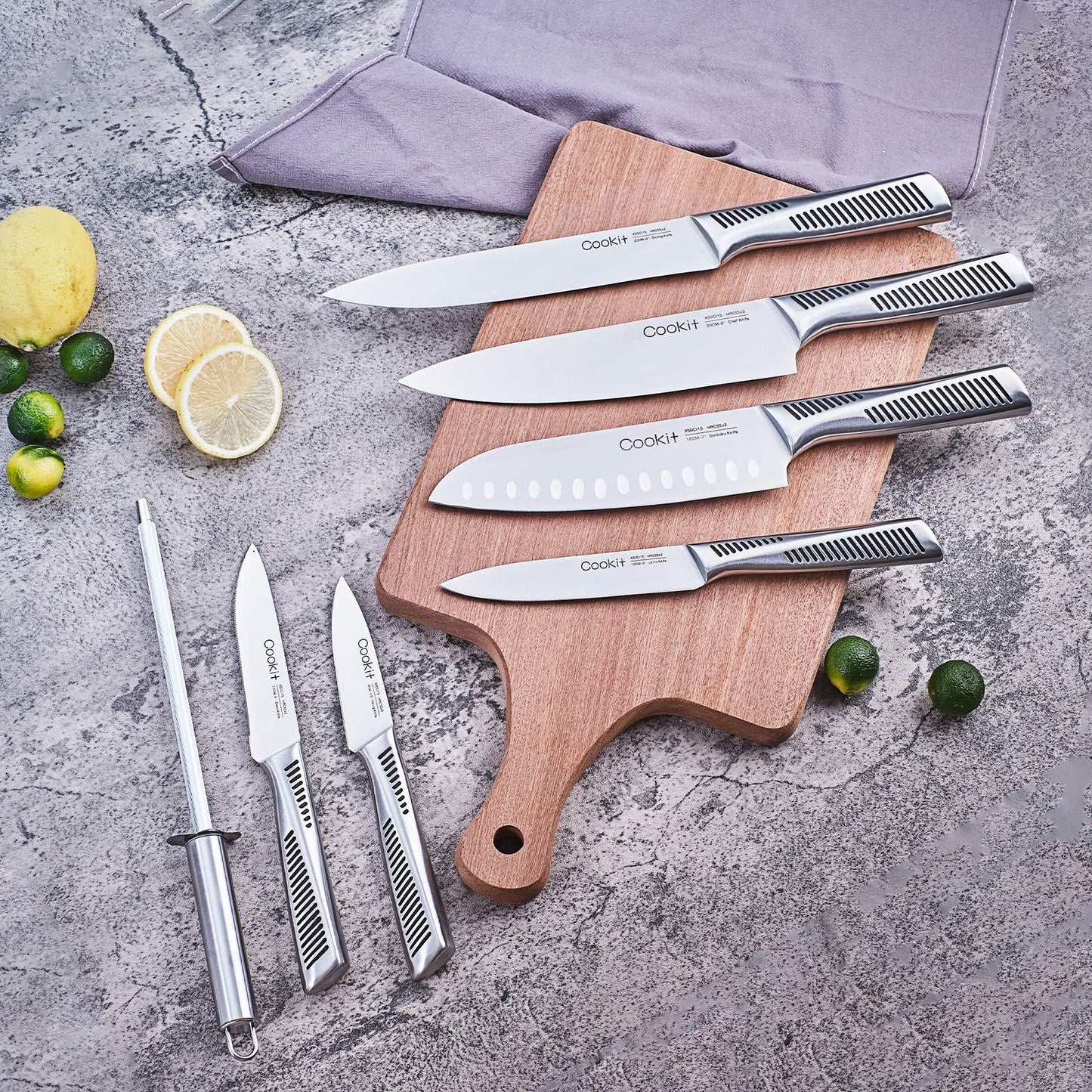 Knife Set, 15 Piece w Block, Chef Knives Non-Slip German Stainless Steel Hollow Handle Cutlery Multifunctional Scissors Sharpener