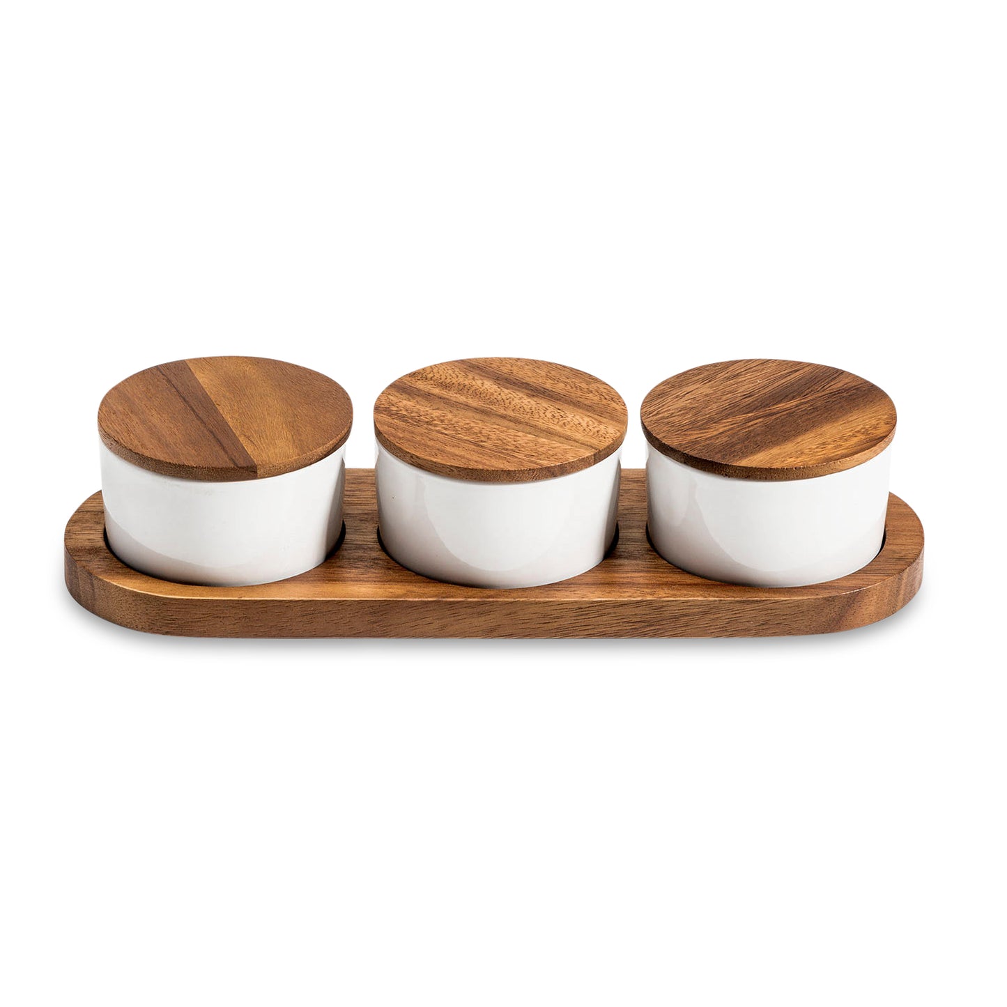 Condiment Serving Set 3 Ceramic Bowls w Lids 13" x 3.75"
