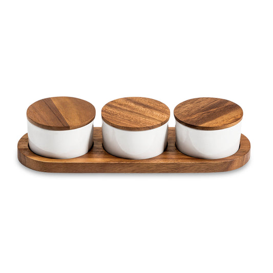 Condiment Serving Set 3 Ceramic Bowls w Lids  13" x 3.75"