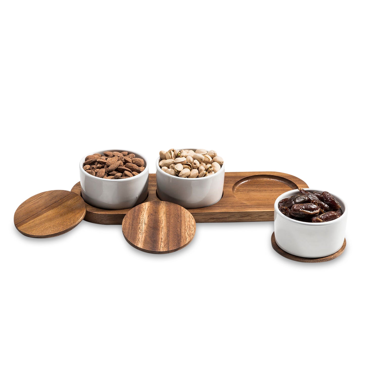 Condiment Serving Set 3 Ceramic Bowls w Lids 13" x 3.75"