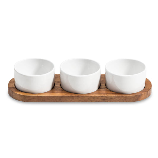 Condiment Serving Set 3 Ceramic Bowls w Lids  13" x 3.75"