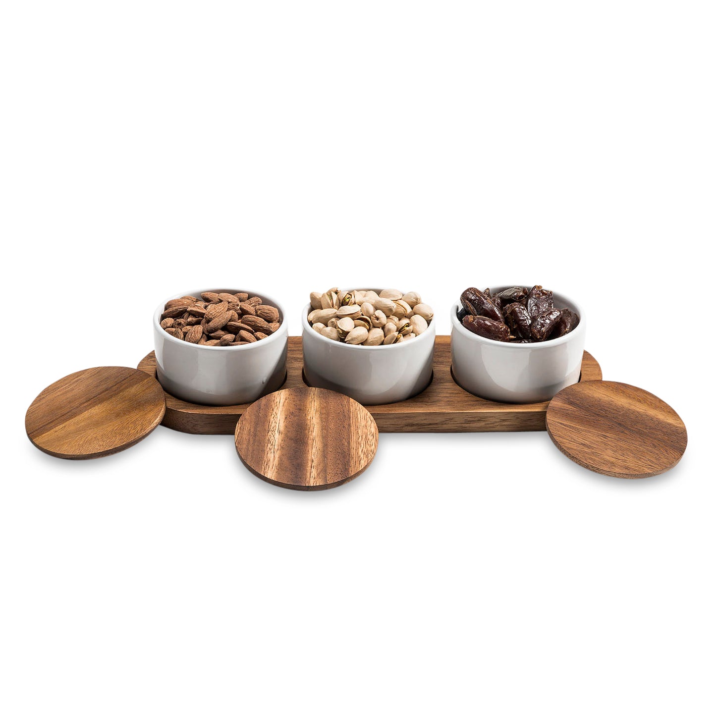 Condiment Serving Set 3 Ceramic Bowls w Lids 13" x 3.75"