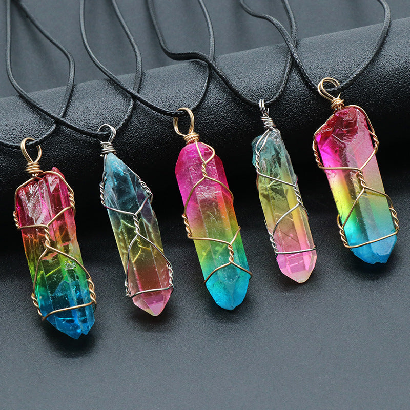 Stone Crystal Pillar Tree Of Life Pendant Necklace