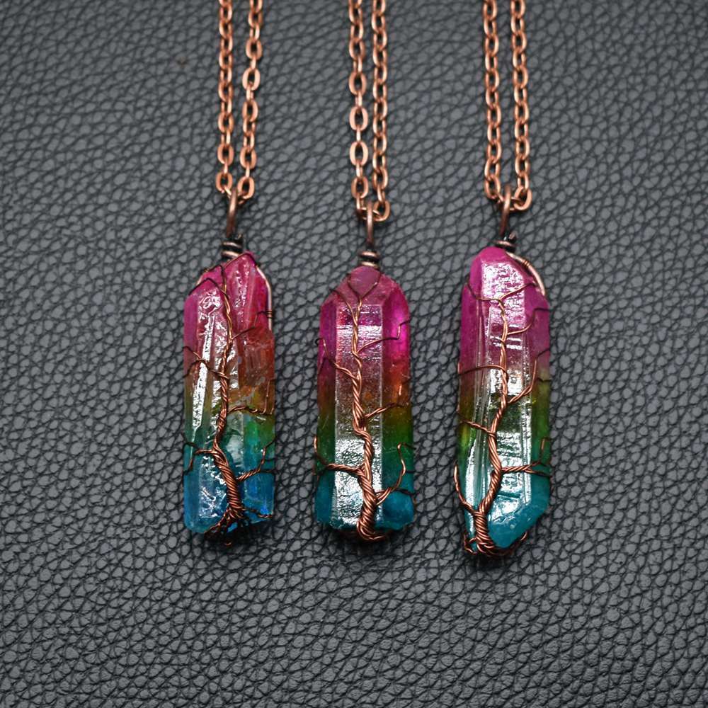 Stone Crystal Pillar Tree Of Life Pendant Necklace