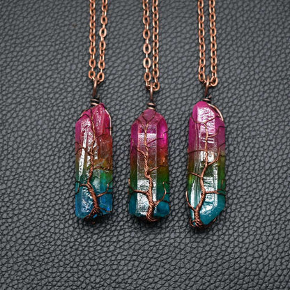 Stone Crystal Pillar Tree Of Life Pendant Necklace