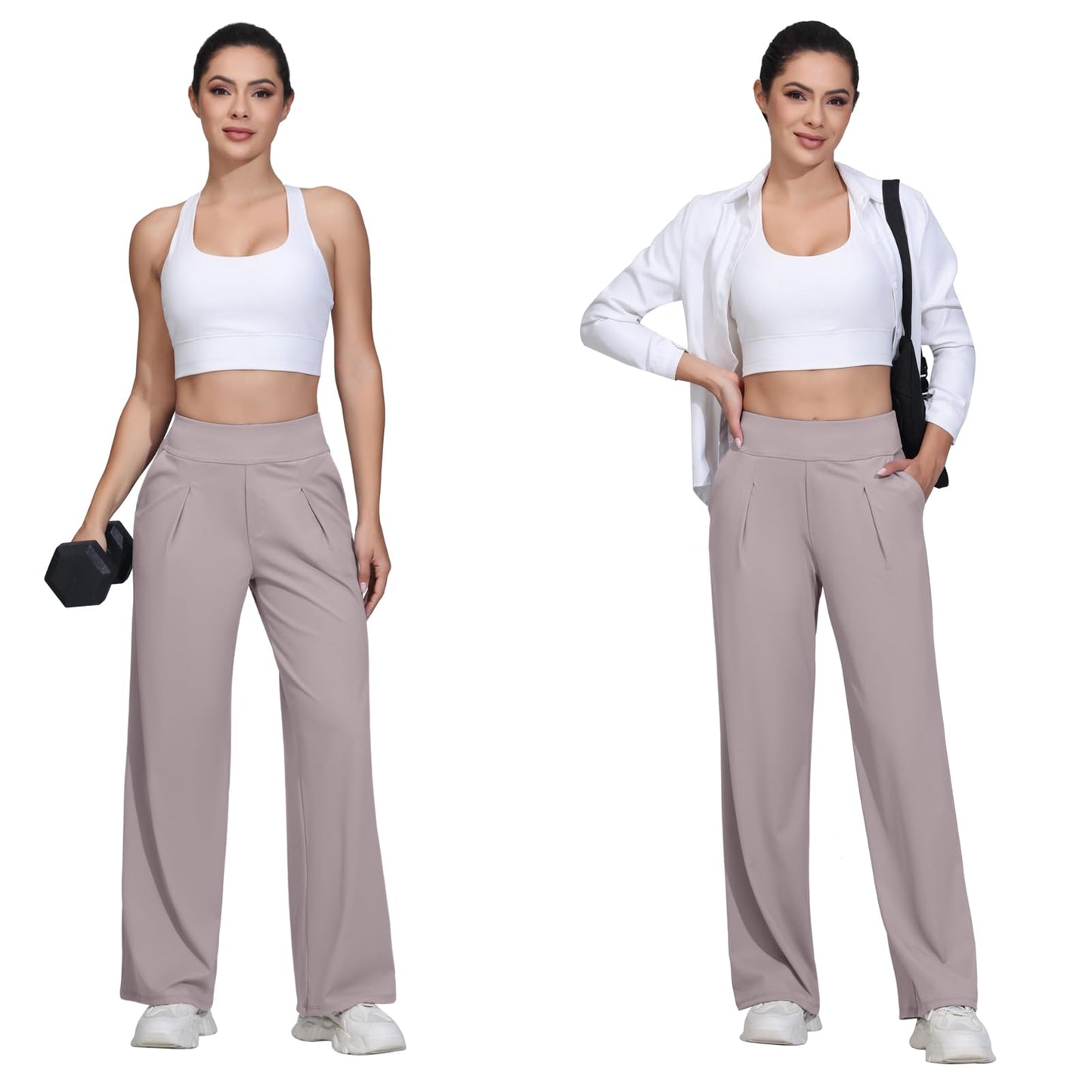 Flowy Wide Leg Dress Pants Women Work Workout Athletic Yoga Travel Sweatpants High Waisted with Pockets Trendy Comfy Stretchy Loose Office Business Casual Slacks Lounge Trousers Outfits 29" Khaki S