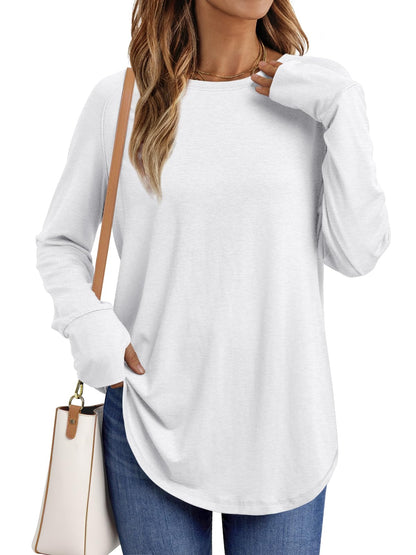 AUTOMET Womens Long Sleeve Shirts Crew Neck Casual Tshirts Fall Fashion Tops Loose Fit Lightweight Y2k Outfits Clothes White S