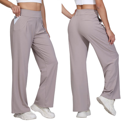 Flowy Wide Leg Dress Pants Women Work Workout Athletic Yoga Travel Sweatpants High Waisted with Pockets Trendy Comfy Stretchy Loose Office Business Casual Slacks Lounge Trousers Outfits 29" Khaki S