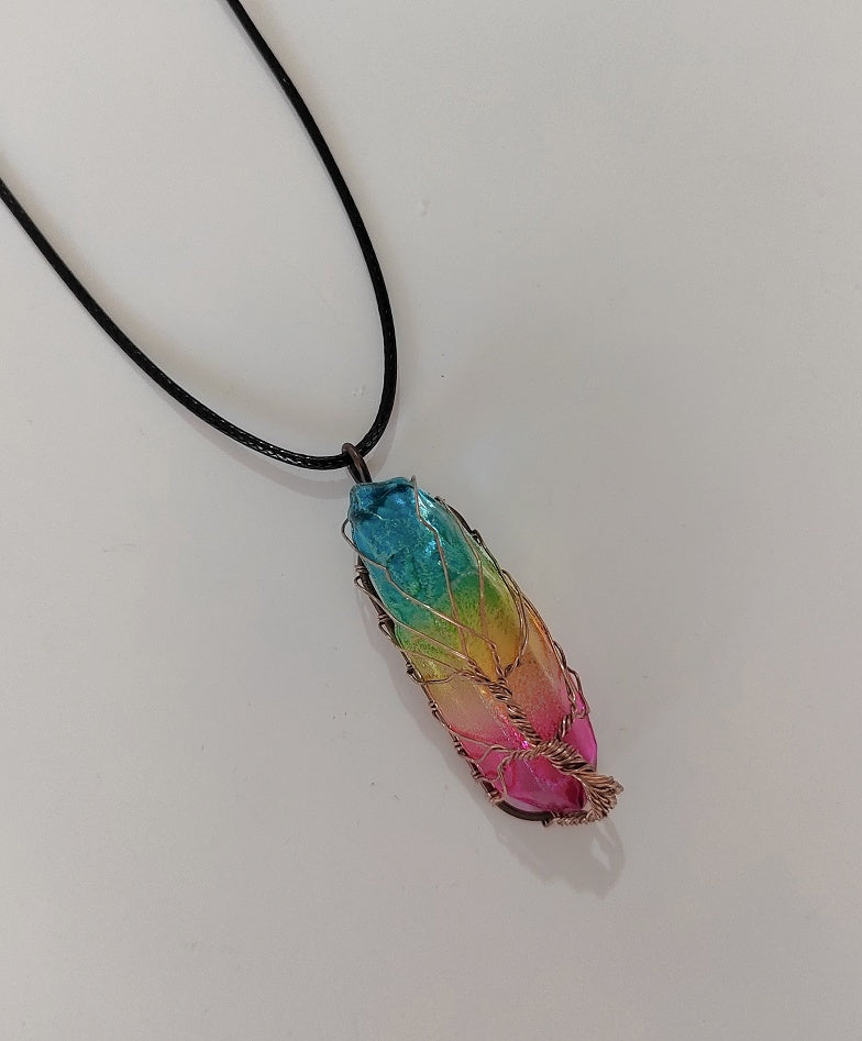 Stone Crystal Pillar Tree Of Life Pendant Necklace