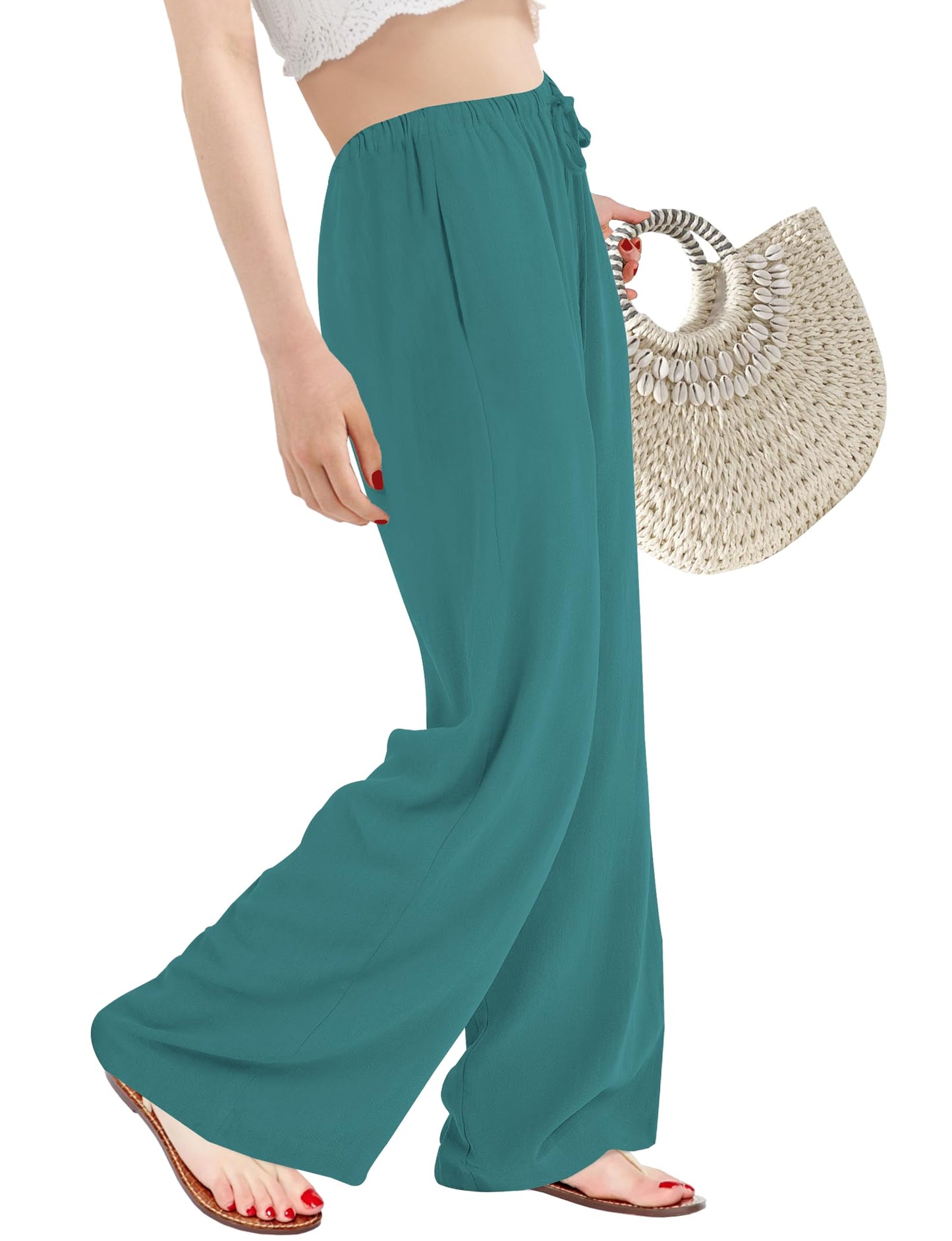 Buauty Wide Leg Linen Pants Women Plus Size Palazzo Pants High Waisted Lounge Pants Casual Comfy Flowy Beach Summer Trousers Lakeblue