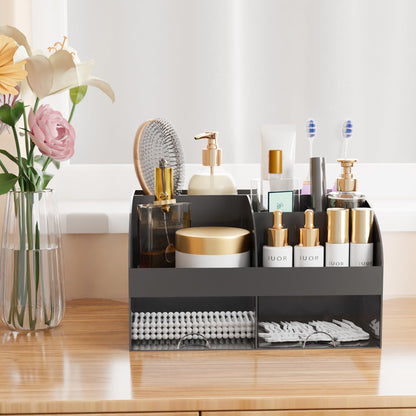 Makeup Organizer with Drawers, Cosmetic Storage for Dresser Vanity and Bathroom Countertop, Beauty Holder for Lipstick Brush, Skincare Organizer for Vanity, Cosmetic Display Case (Black)
