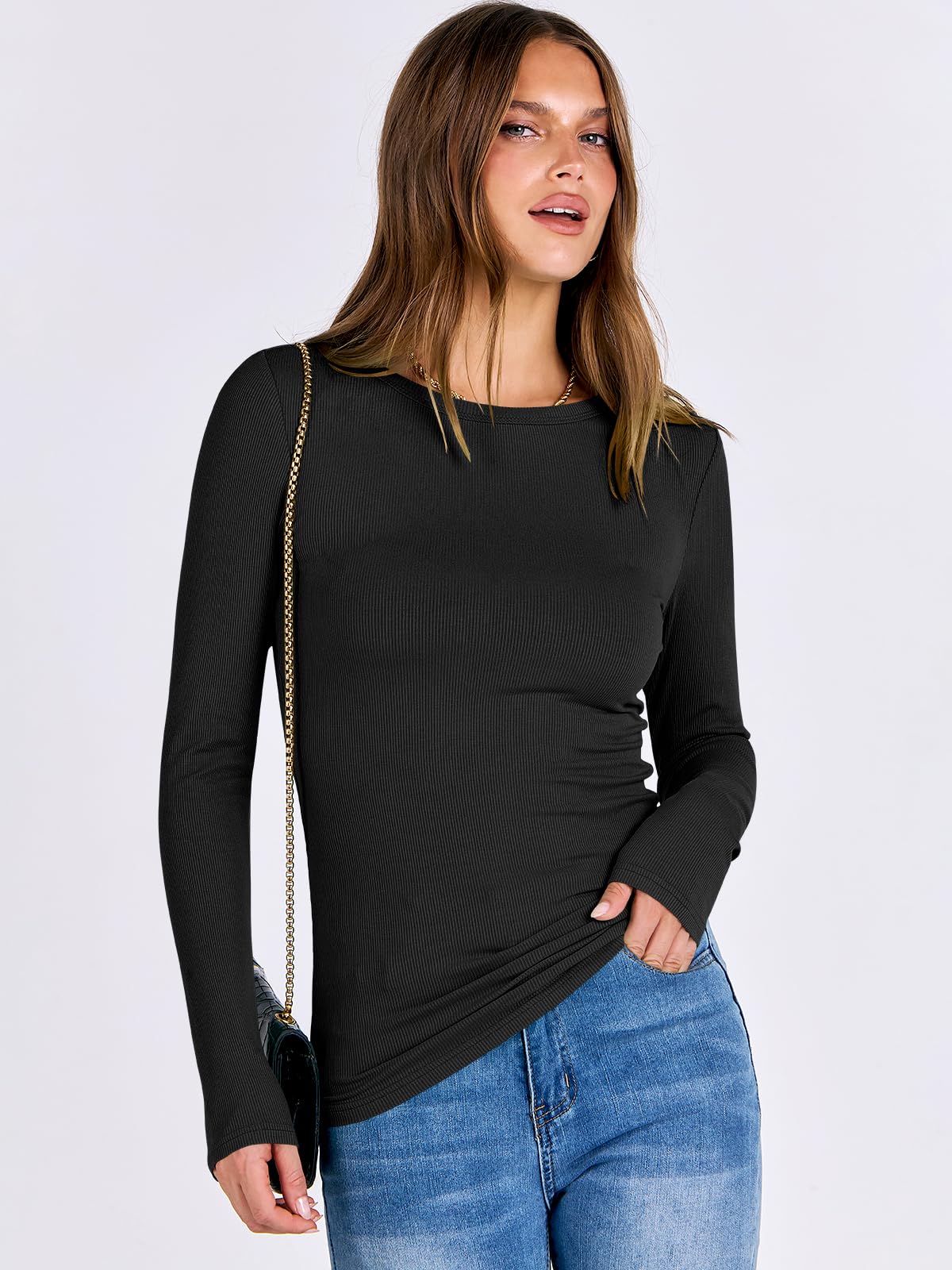 ANRABESS Women Long Sleeve Shirts Rib Knit Slim Fit Tops Basic Tee 2025 Fall Outfits Casual T-Shirt Underscrubs Layer Clothes Black Small