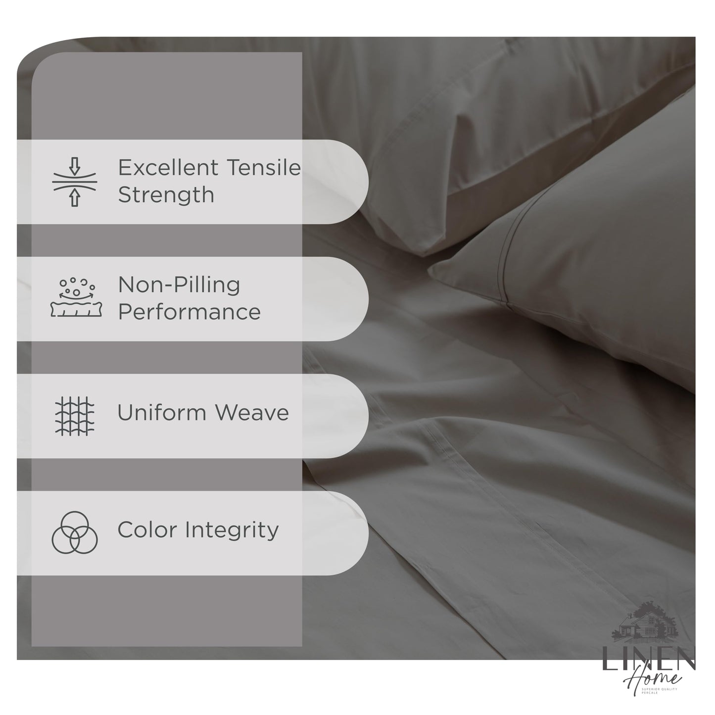 Linen Home 100% Cotton Percale Sheets King Size, Charcoal, Deep Pocket, 4 Pieces Set - 1 Flat, 1 Deep Pocket Fitted Sheet and 2 Pillowcases, Crisp Cool and Strong Bed Linen