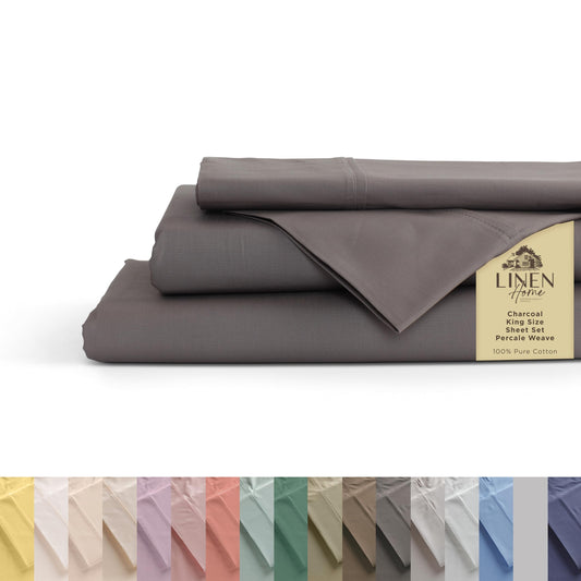 Linen Home 100% Cotton Percale Sheets King Size, Charcoal, Deep Pocket, 4 Pieces Set - 1 Flat, 1 Deep Pocket Fitted Sheet and 2 Pillowcases, Crisp Cool and Strong Bed Linen