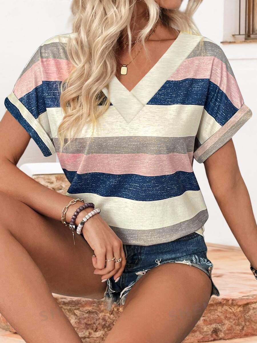 EyMuse T Shirts for Women Short Sleeve V Neck Basic Tees Fashion Dressy Tops Loose Fit Soft Casual Summer Blouses 2025,Multicolor,M