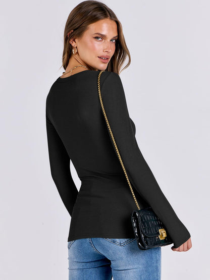 ANRABESS Women Long Sleeve Shirts Rib Knit Slim Fit Tops Basic Tee 2025 Fall Outfits Casual T-Shirt Underscrubs Layer Clothes Black Small