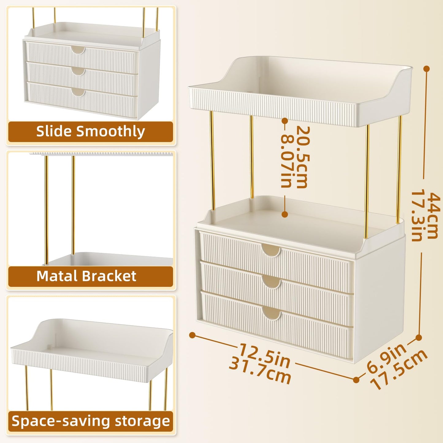 StorBin 3 Drawers Bathroom Counter Organizer - 5 Tier Makeup Organizer, Versatile Perfume Organizer, Ideal for Bathroom Storage, Vanity, Large Skincare, Perfume, Present, Cream White