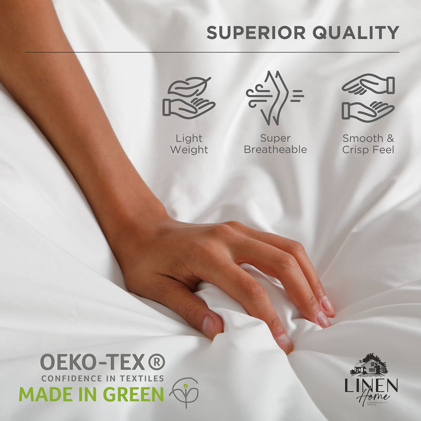 Linen Home 100% Cotton Percale Sheets King Size, Charcoal, Deep Pocket, 4 Pieces Set - 1 Flat, 1 Deep Pocket Fitted Sheet and 2 Pillowcases, Crisp Cool and Strong Bed Linen