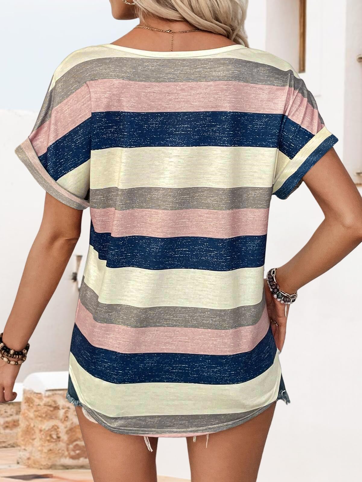 EyMuse T Shirts for Women Short Sleeve V Neck Basic Tees Fashion Dressy Tops Loose Fit Soft Casual Summer Blouses 2025,Multicolor,M