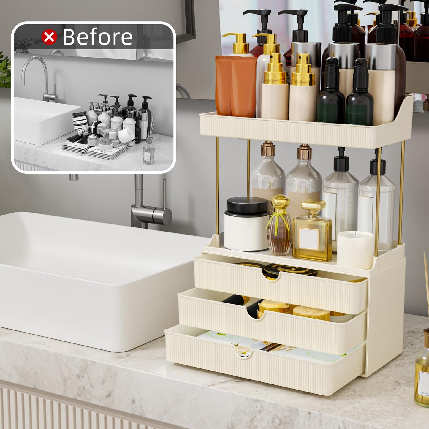 StorBin 3 Drawers Bathroom Counter Organizer - 5 Tier Makeup Organizer, Versatile Perfume Organizer, Ideal for Bathroom Storage, Vanity, Large Skincare, Perfume, Present, Cream White