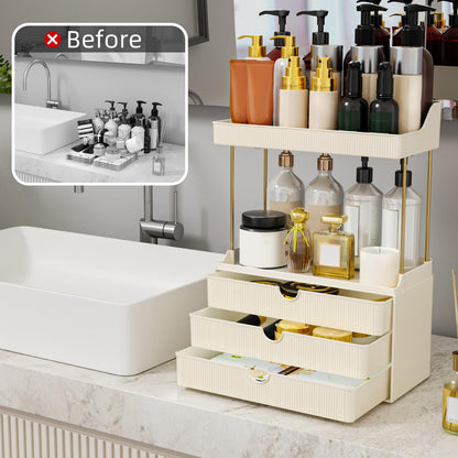 StorBin 3 Drawers Bathroom Counter Organizer - 5 Tier Makeup Organizer, Versatile Perfume Organizer, Ideal for Bathroom Storage, Vanity, Large Skincare, Perfume, Present, Cream White