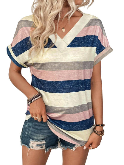 EyMuse T Shirts for Women Short Sleeve V Neck Basic Tees Fashion Dressy Tops Loose Fit Soft Casual Summer Blouses 2025,Multicolor,M