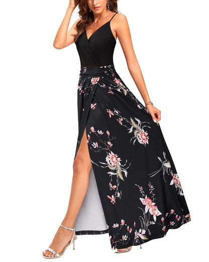 Newshows Dresses for Women Summer Wedding Guest 2025 Fall Teacher Outfits Casual Teacher Elegant Classy Modest Vacation Beach Long Flowy Plus Size Maxi Floral Dress(Black Floral Red White, M)