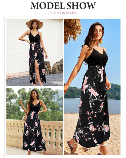 Newshows Dresses for Women Summer Wedding Guest 2025 Fall Teacher Outfits Casual Teacher Elegant Classy Modest Vacation Beach Long Flowy Plus Size Maxi Floral Dress(Black Floral Red White, M)