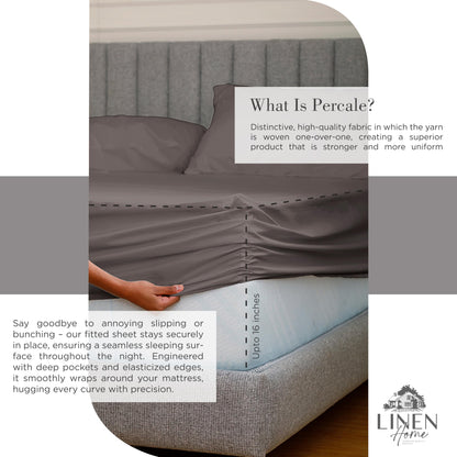 Linen Home 100% Cotton Percale Sheets King Size, Charcoal, Deep Pocket, 4 Pieces Set - 1 Flat, 1 Deep Pocket Fitted Sheet and 2 Pillowcases, Crisp Cool and Strong Bed Linen