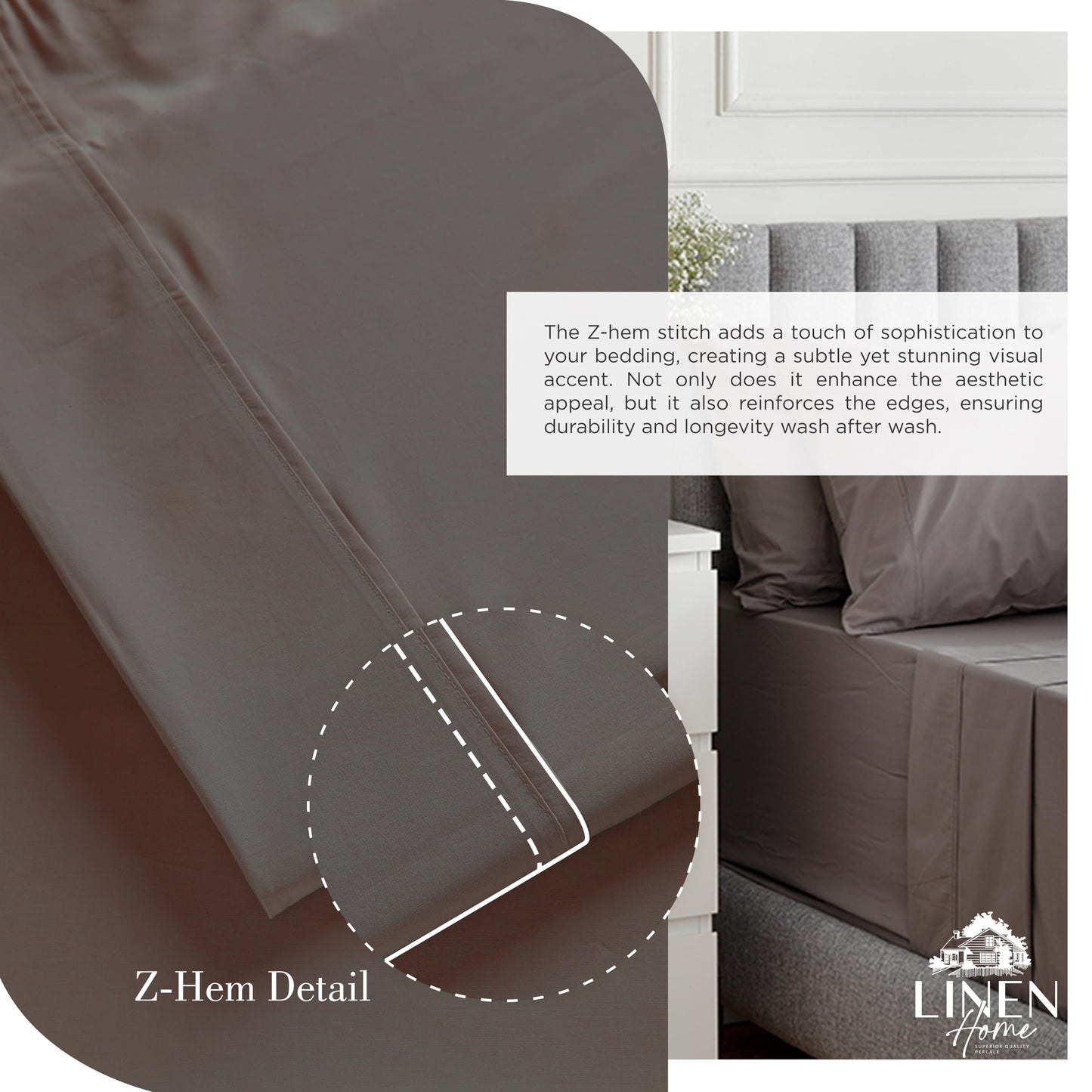 Linen Home 100% Cotton Percale Sheets King Size, Charcoal, Deep Pocket, 4 Pieces Set - 1 Flat, 1 Deep Pocket Fitted Sheet and 2 Pillowcases, Crisp Cool and Strong Bed Linen