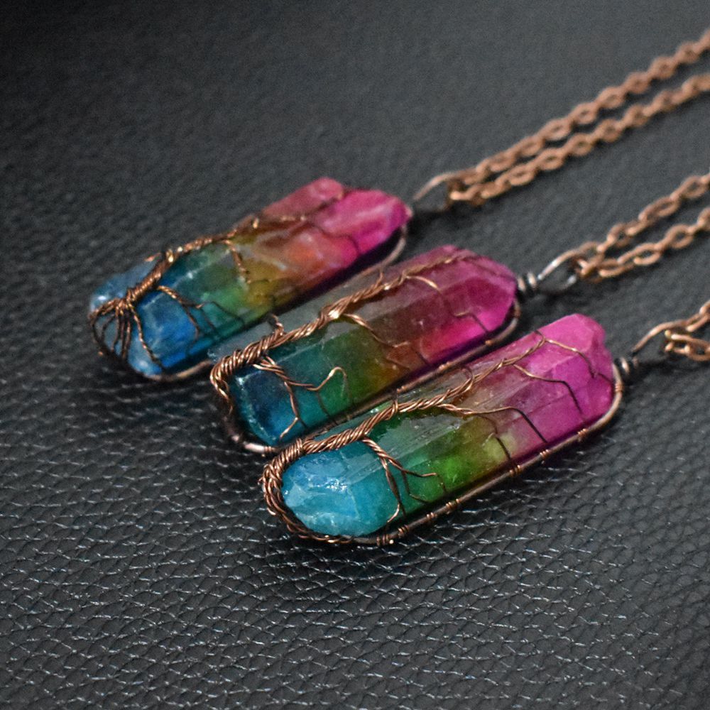 Stone Crystal Pillar Tree Of Life Pendant Necklace