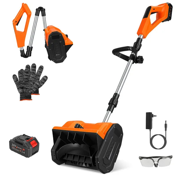 500W 21V 11In Cordless Snow Shovel Foldable Battery Powered Snow Thrower With Directional Plates Rechargeable Battery Gloves Goggles For Patio Driveway
