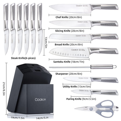 Knife Set, 15 Piece w Block, Chef Knives Non-Slip German Stainless Steel Hollow Handle Cutlery Multifunctional Scissors Sharpener