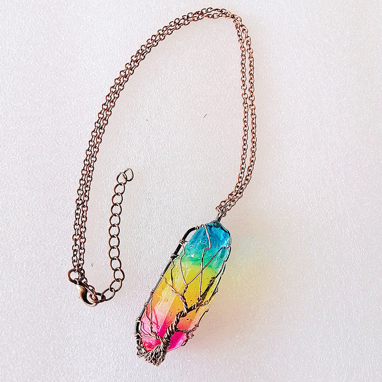 Stone Crystal Pillar Tree Of Life Pendant Necklace