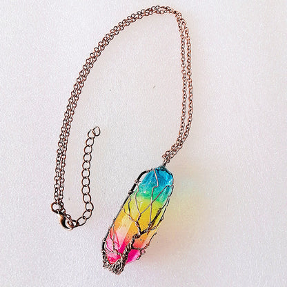 Stone Crystal Pillar Tree Of Life Pendant Necklace