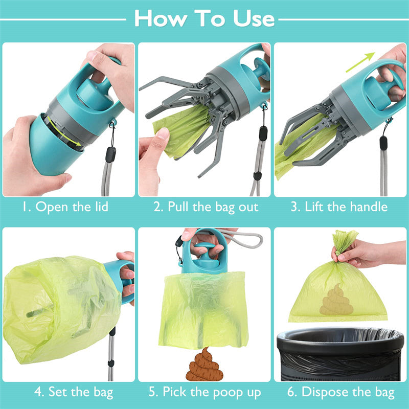 Portable Lightweight Dog Pooper Scooper, Built-in Poop Bag Dispenser, Eight-claw Shovel