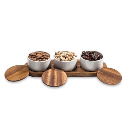 Condiment Serving Set 3 Ceramic Bowls w Lids  13" x 3.75"
